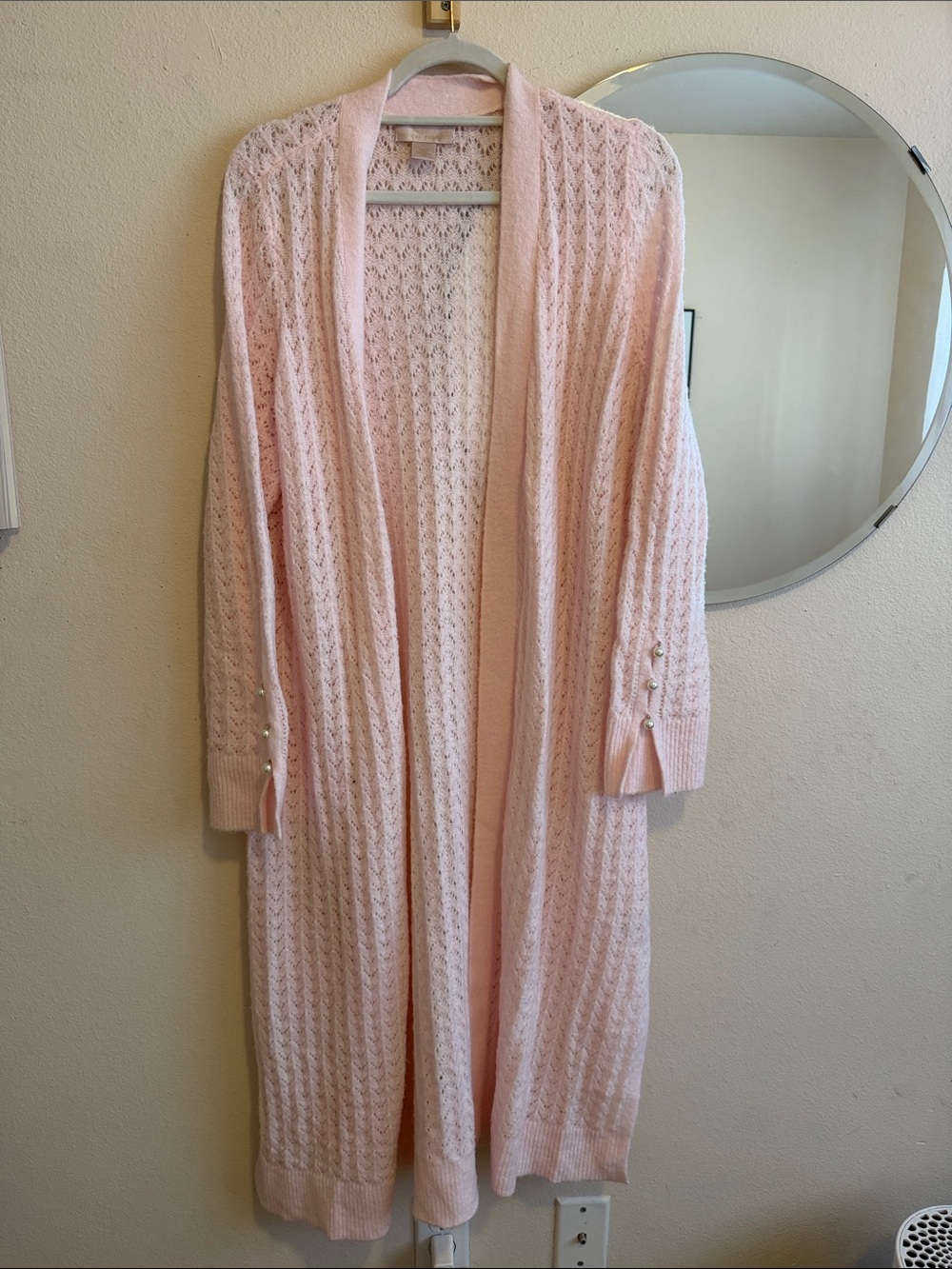 Light Pink Pointelle Open-Front Long Knit Cardigan Sweater